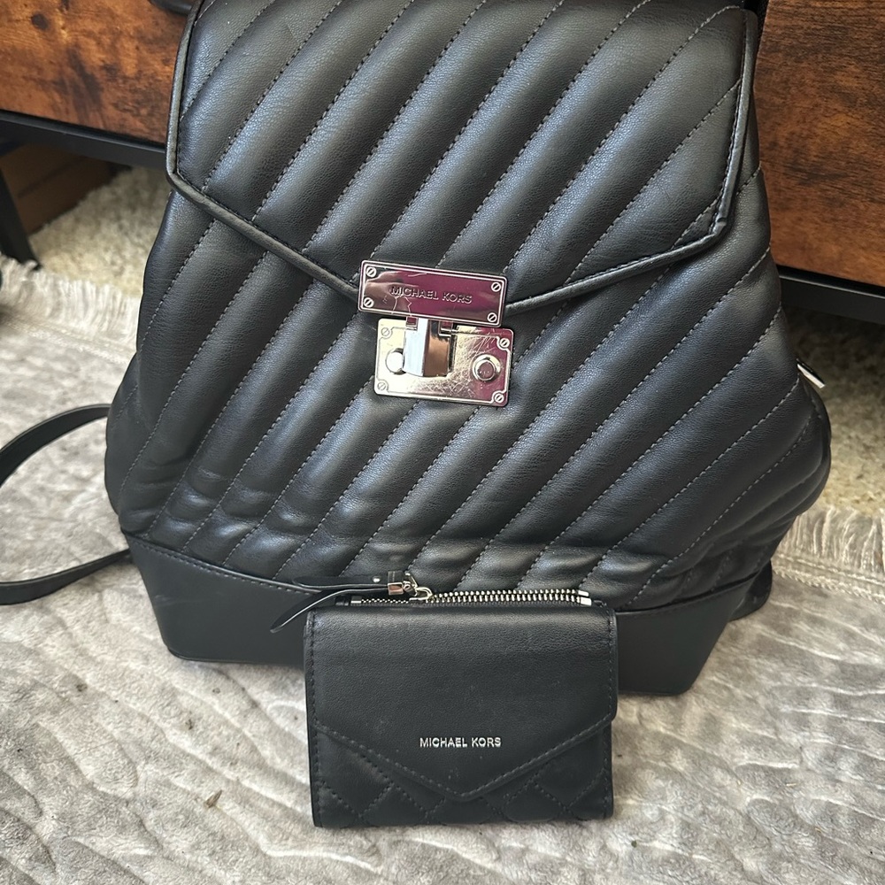 Michael Kors Black Quilted Leather Backpack with wallet